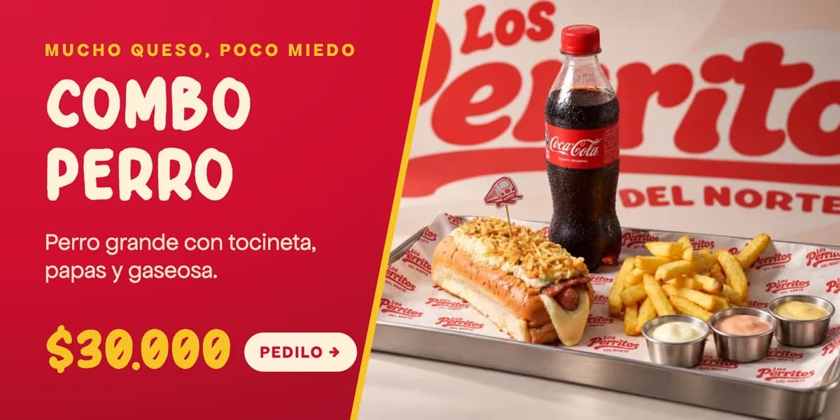 Combo Perro: perro grande con tocineta, papas y gaseosa, a $30.000